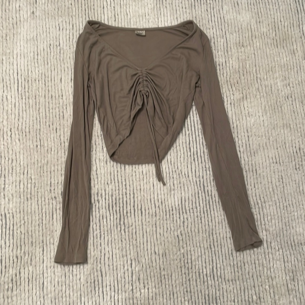 Ribbed/Ruched Green Cropped Long Sleeve